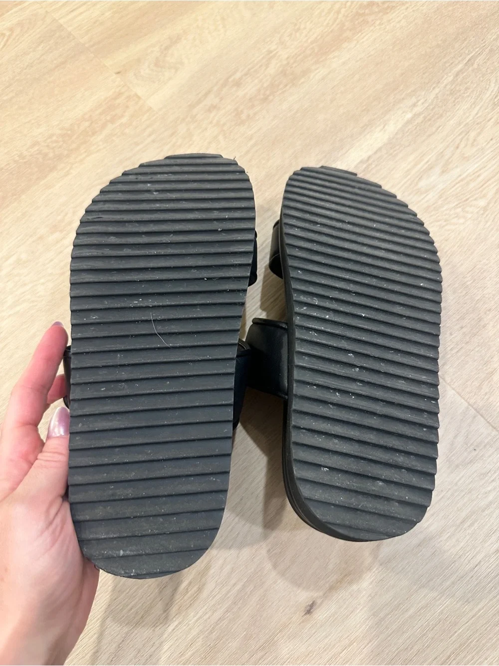 Open Edit Black Double-Strap Slide Sandals